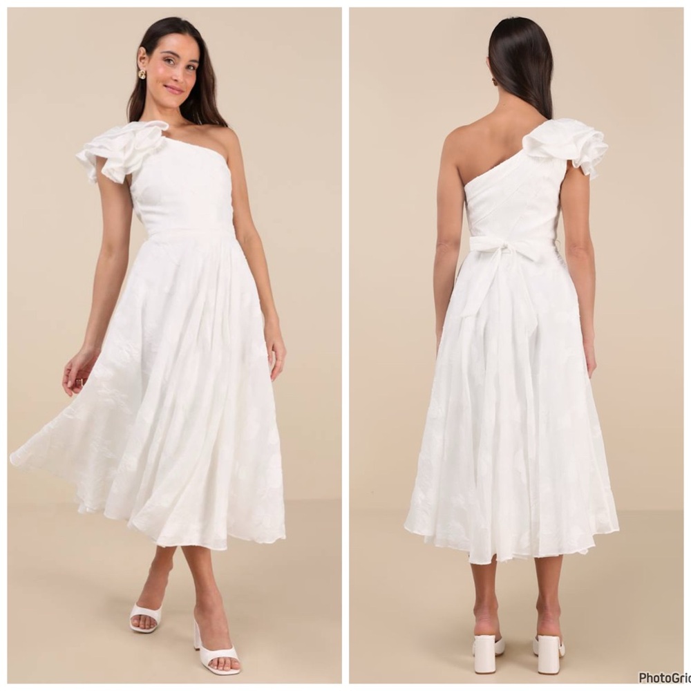NWOT Lulu’s Sweet Definition White One-Shoulder Midi Dress L‎ Bridal Large